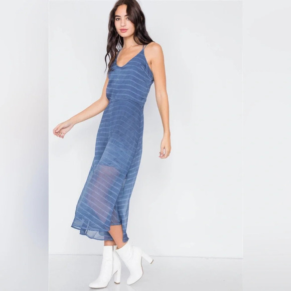 NWT-Indigo Blue Contrast Stripes Sheer Flare Leg Jumpsuit - Picture 4 of 12